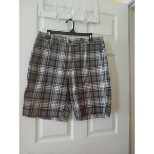 Sonoma Shorts Men's 36 Black White Brown Plaid Cotton Flat front Casual Preppy